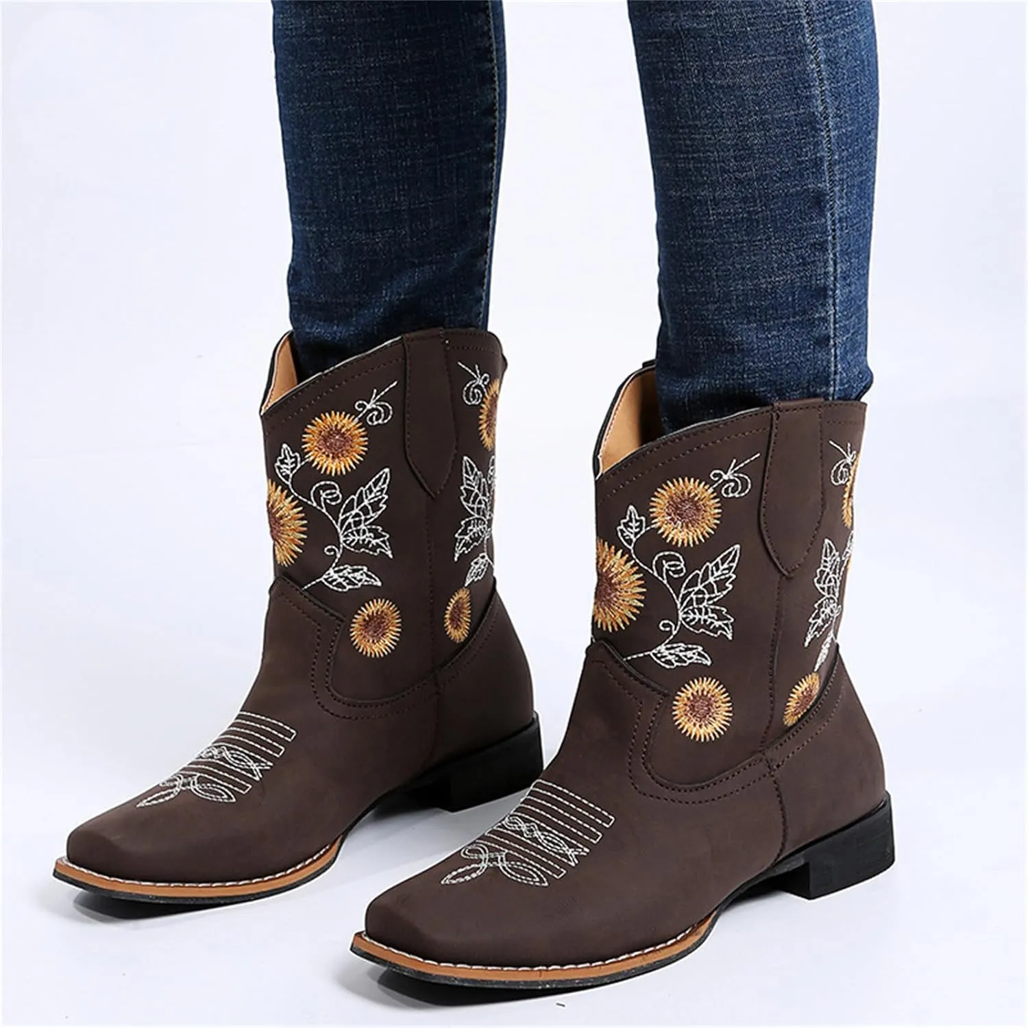Ladmiple Boots For Women Fashion Mid Calf Cowboy Cowgirl Booties Wide Calf Chunky Block Heel Embroidered Western Boots