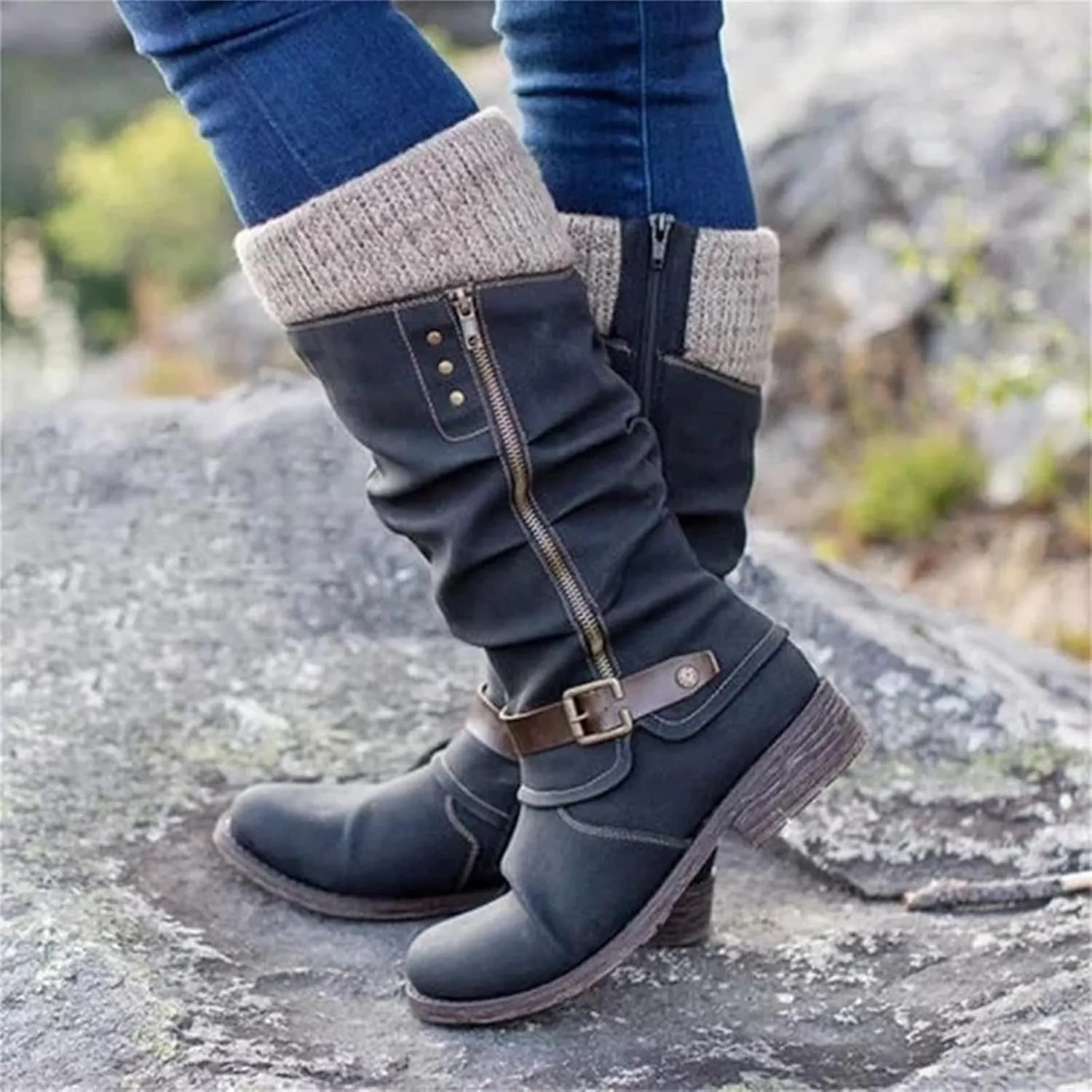 Ladmiple Cowboy Boots For Women Wide Calf Knee High Pull On Cowgirl Boots with Side Zipper Chunky Heel Western Boots