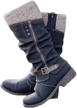 Ladmiple Cowboy Boots For Women Wide Calf Knee High Pull On Cowgirl Boots with Side Zipper Chunky Heel Western Boots