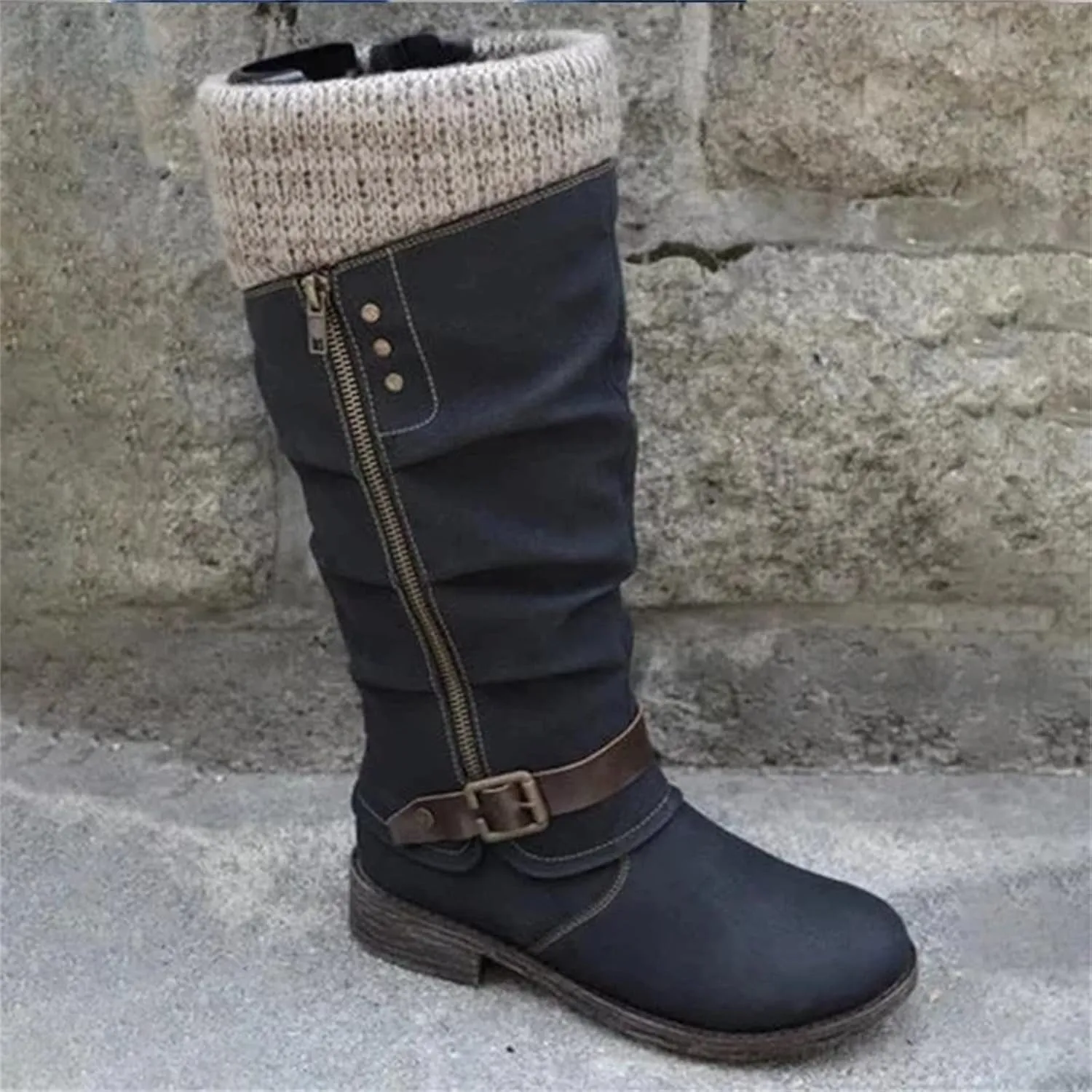 Ladmiple Cowboy Boots For Women Wide Calf Knee High Pull On Cowgirl Boots with Side Zipper Chunky Heel Western Boots