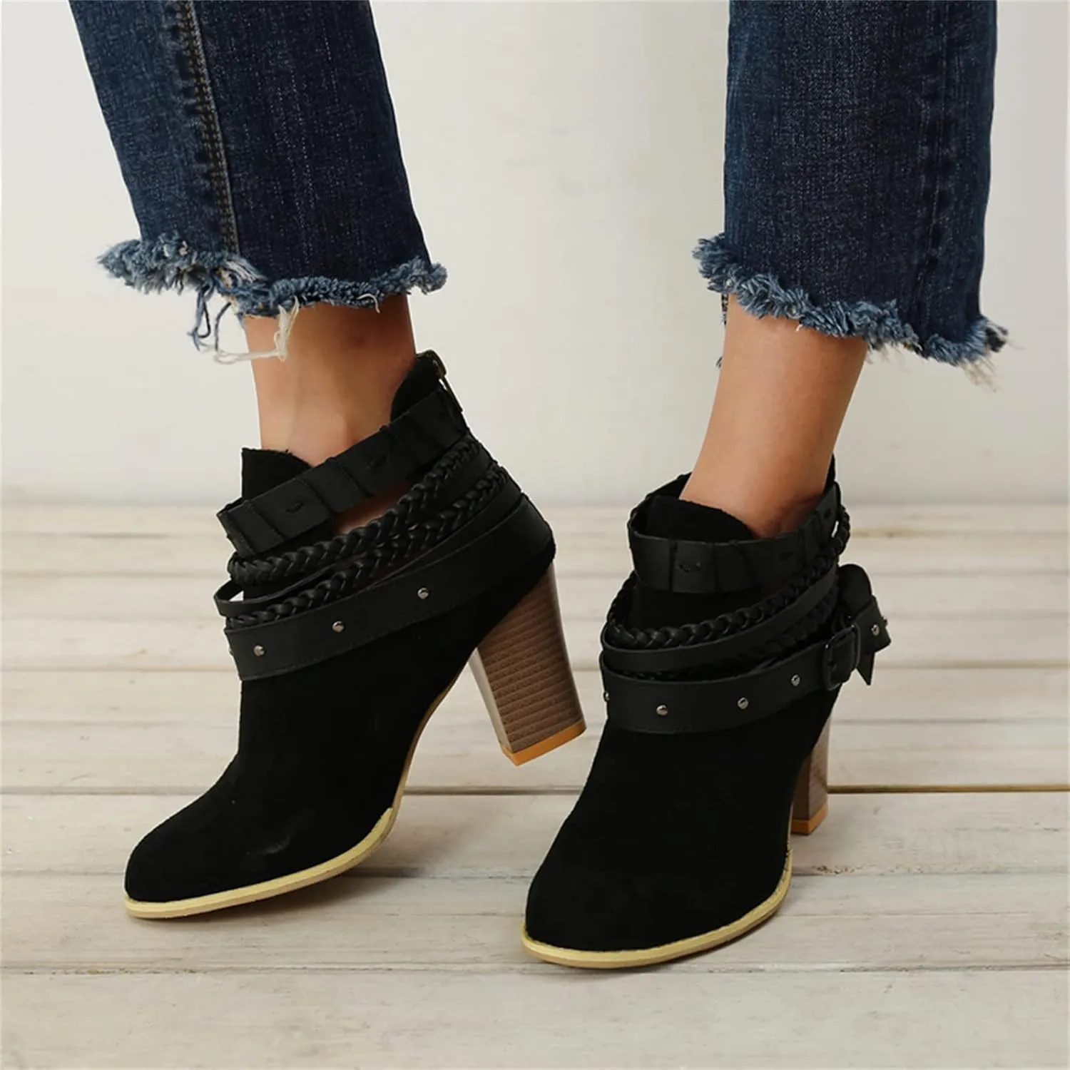 Lausiuoe Ankle Boots For Women Low Heel Dressy Vintage Cowgirl Boots Retro Short Western Wide Width Side Zipper Booties