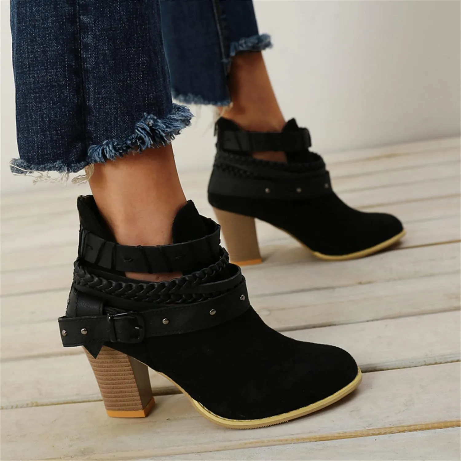 Lausiuoe Ankle Boots For Women Low Heel Dressy Vintage Cowgirl Boots Retro Short Western Wide Width Side Zipper Booties