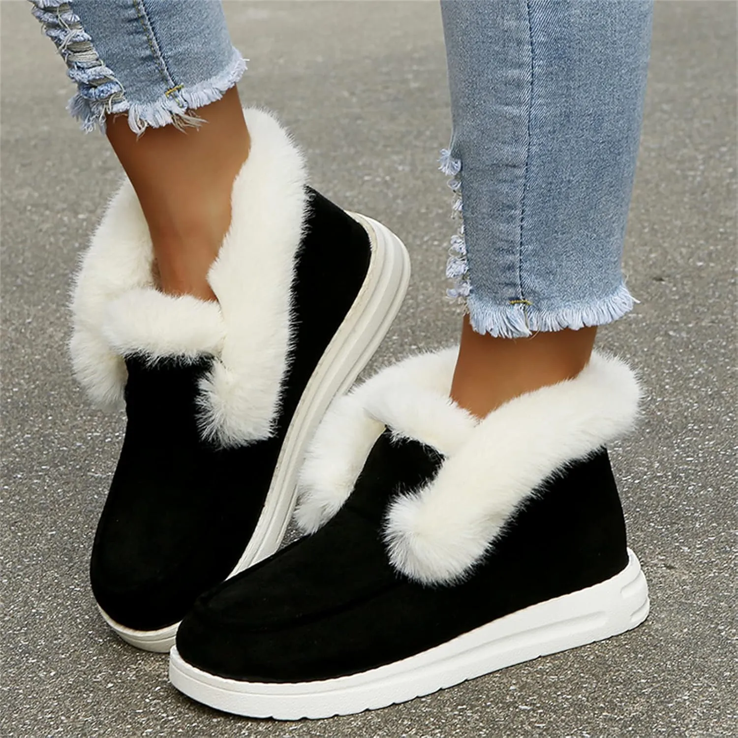 Lausiuoe Boots For Women Ankle Booties Winter Slip On Comfortable Snow Fuzzy Boots Fashion Casual Walking Shoes Loafers