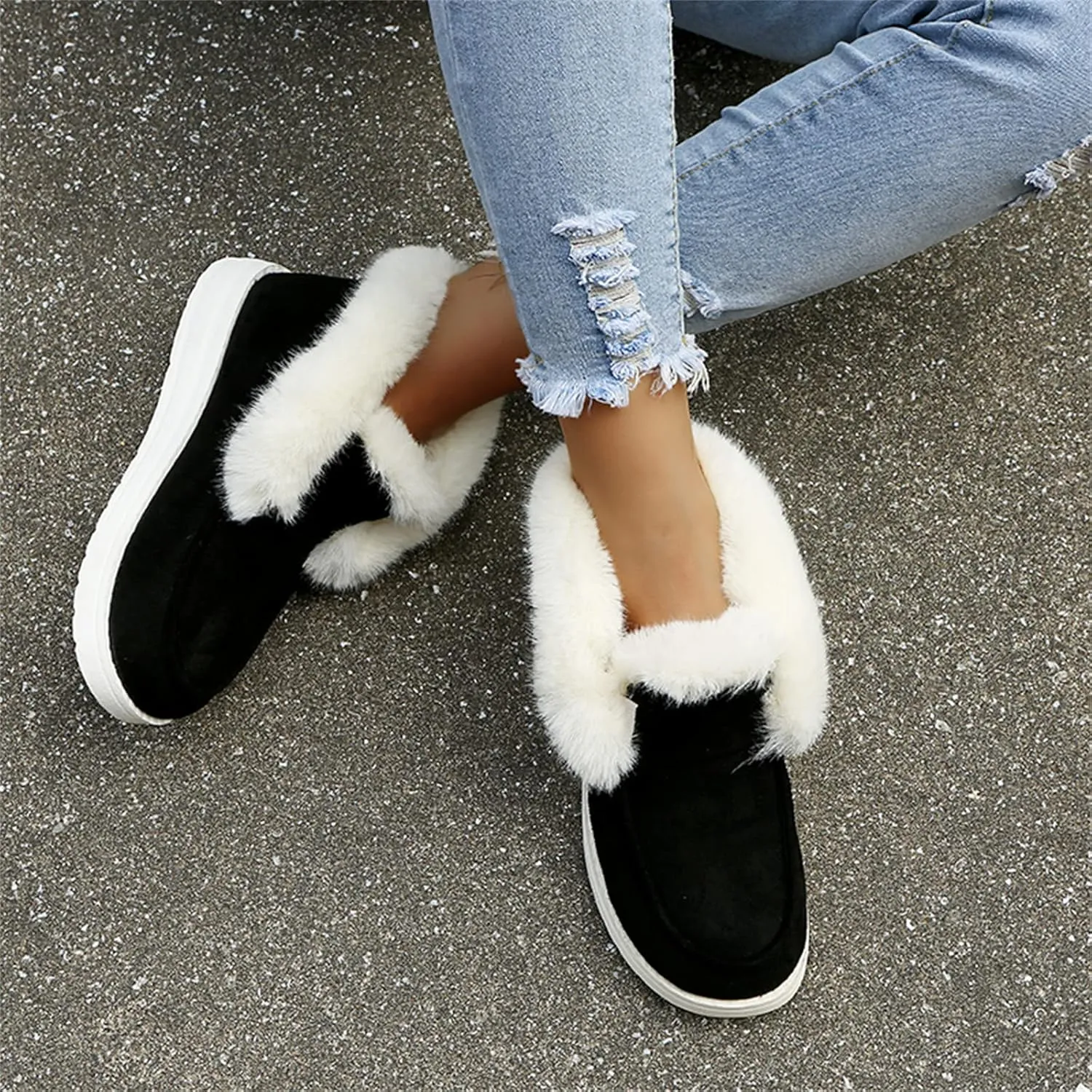 Lausiuoe Boots For Women Ankle Booties Winter Slip On Comfortable Snow Fuzzy Boots Fashion Casual Walking Shoes Loafers