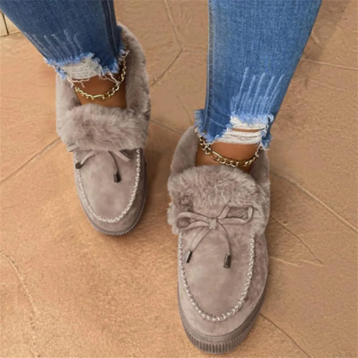 Lausiuoe Boots For Women Ankle Booties Winter Warm Snow Fuzzy Flat Loafers Cute Silp On Comfortable Casual Walking Shoes