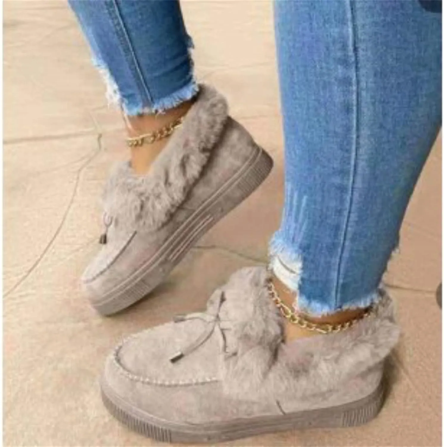 Lausiuoe Boots For Women Ankle Booties Winter Warm Snow Fuzzy Flat Loafers Cute Silp On Comfortable Casual Walking Shoes