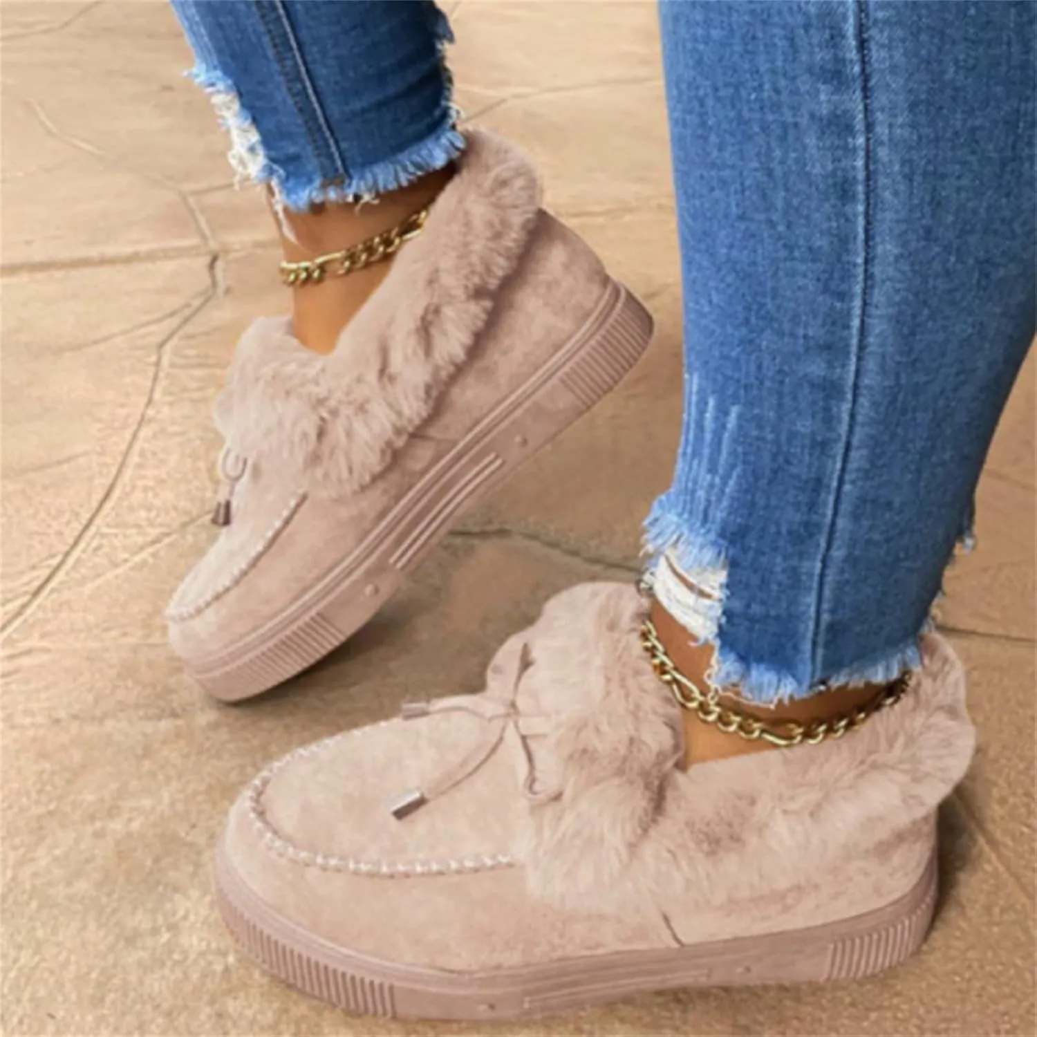 Lausiuoe Boots For Women Ankle Booties Winter Warm Snow Fuzzy Flat Loafers Cute Silp On Comfortable Casual Walking Shoes