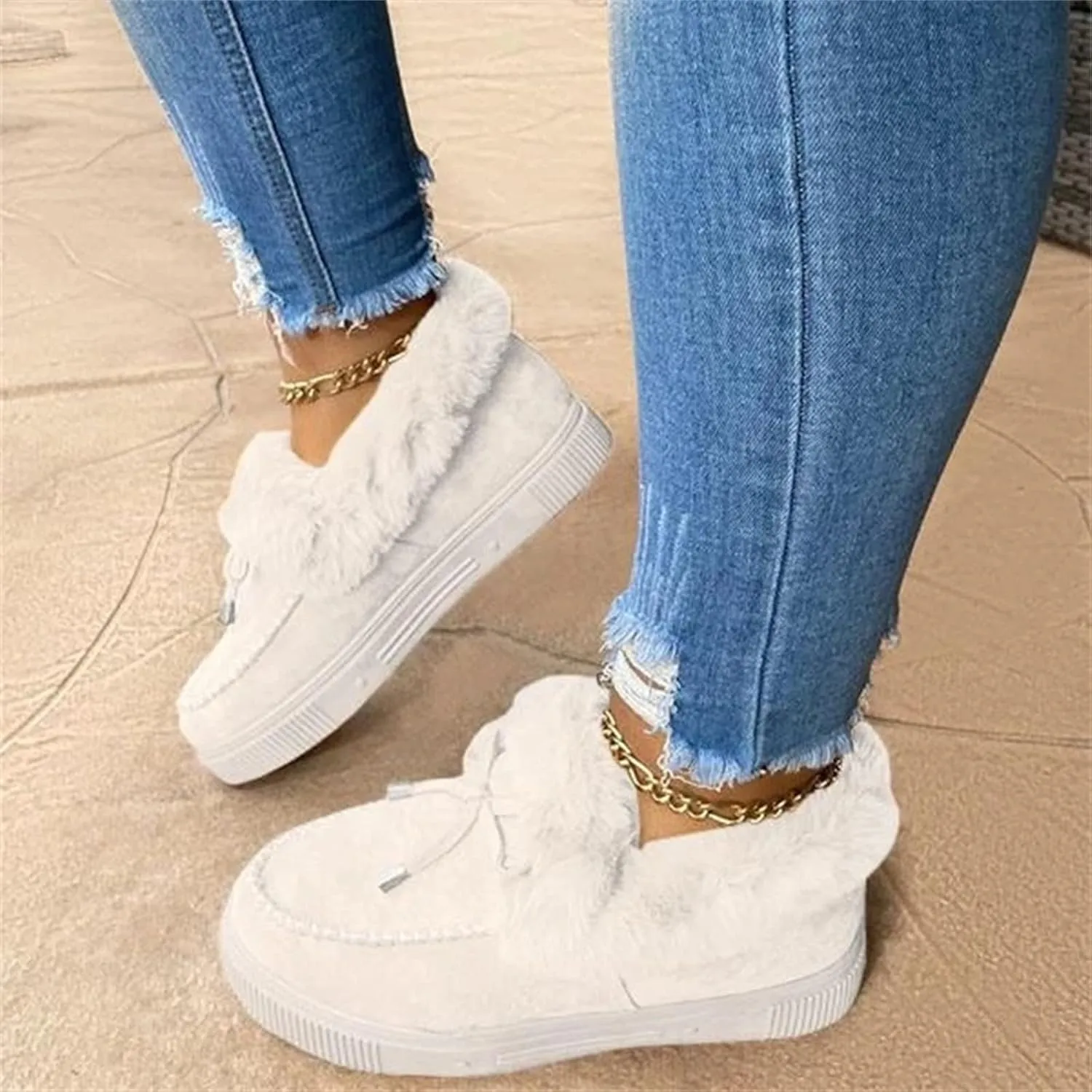 Lausiuoe Boots For Women Ankle Booties Winter Warm Snow Fuzzy Flat Loafers Cute Silp On Comfortable Casual Walking Shoes
