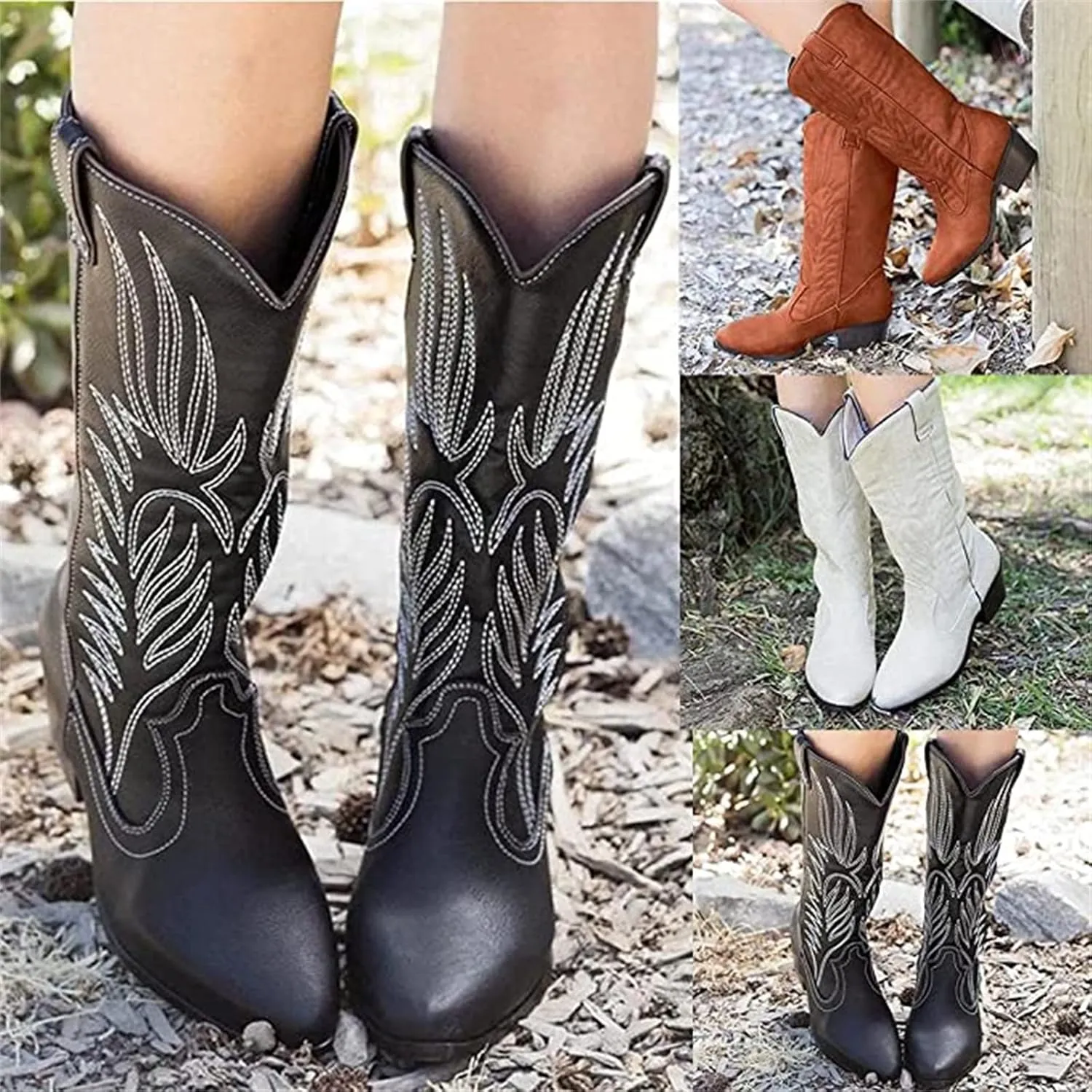 Lausiuoe Boots For Women Knee High Low Heel Western Cowboy Cowgirl Boots Embroidered Wide Calf Chunky Fashion Booties