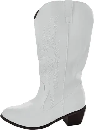 Lausiuoe Boots For Women Knee High Low Heel Western Cowboy Cowgirl Boots Embroidered Wide Calf Chunky Fashion Booties