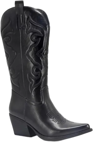 Lausiuoe Boots For Women Knee High Low Heel Western Cowboy Cowgirl Boots Embroidered Wide Calf Chunky Fashion Booties