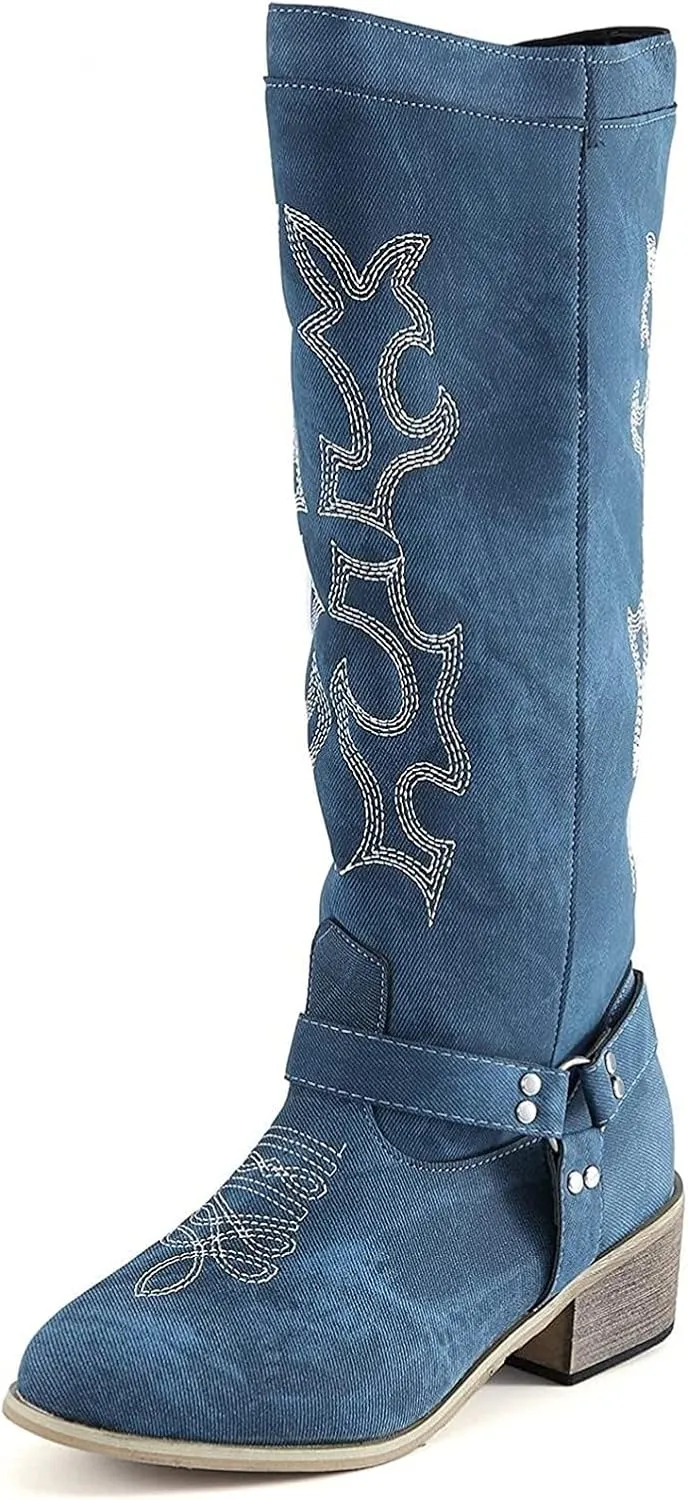 Lausiuoe Boots For Women Knee High Sexy Western Cowboy Cowgirl Style Embroidered Wide Calf Low Heel Fall Booties 2022