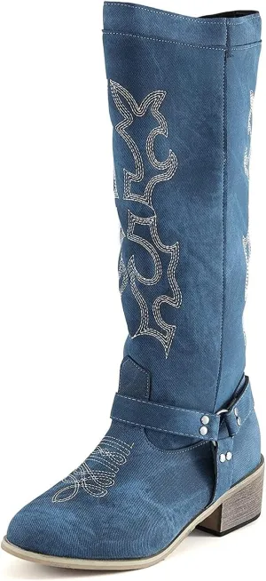 Lausiuoe Boots For Women Knee High Sexy Western Cowboy Cowgirl Style Embroidered Wide Calf Low Heel Fall Booties 2022