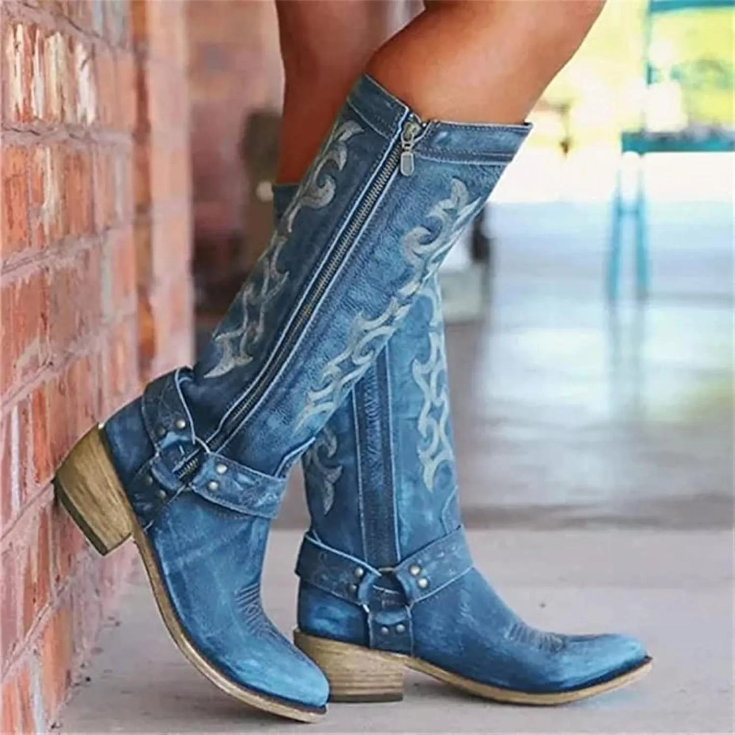 Lausiuoe Boots For Women Knee High Sexy Western Cowboy Cowgirl Style Embroidered Wide Calf Low Heel Fall Booties 2022