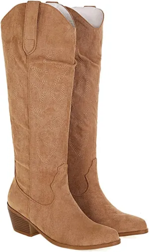 Lausiuoe Cowboy Boots For Women Knee High Wide Calf Embroidered Cowgirl Western Boots Pointed Toe Fashion Chunky Booties
