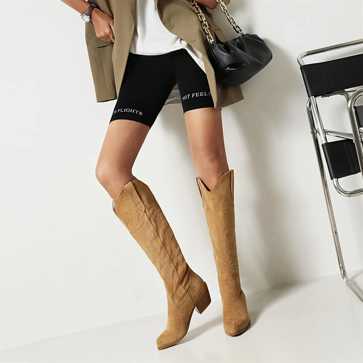 Lausiuoe Cowboy Boots For Women Knee High Wide Calf Embroidered Cowgirl Western Boots Pointed Toe Fashion Chunky Booties