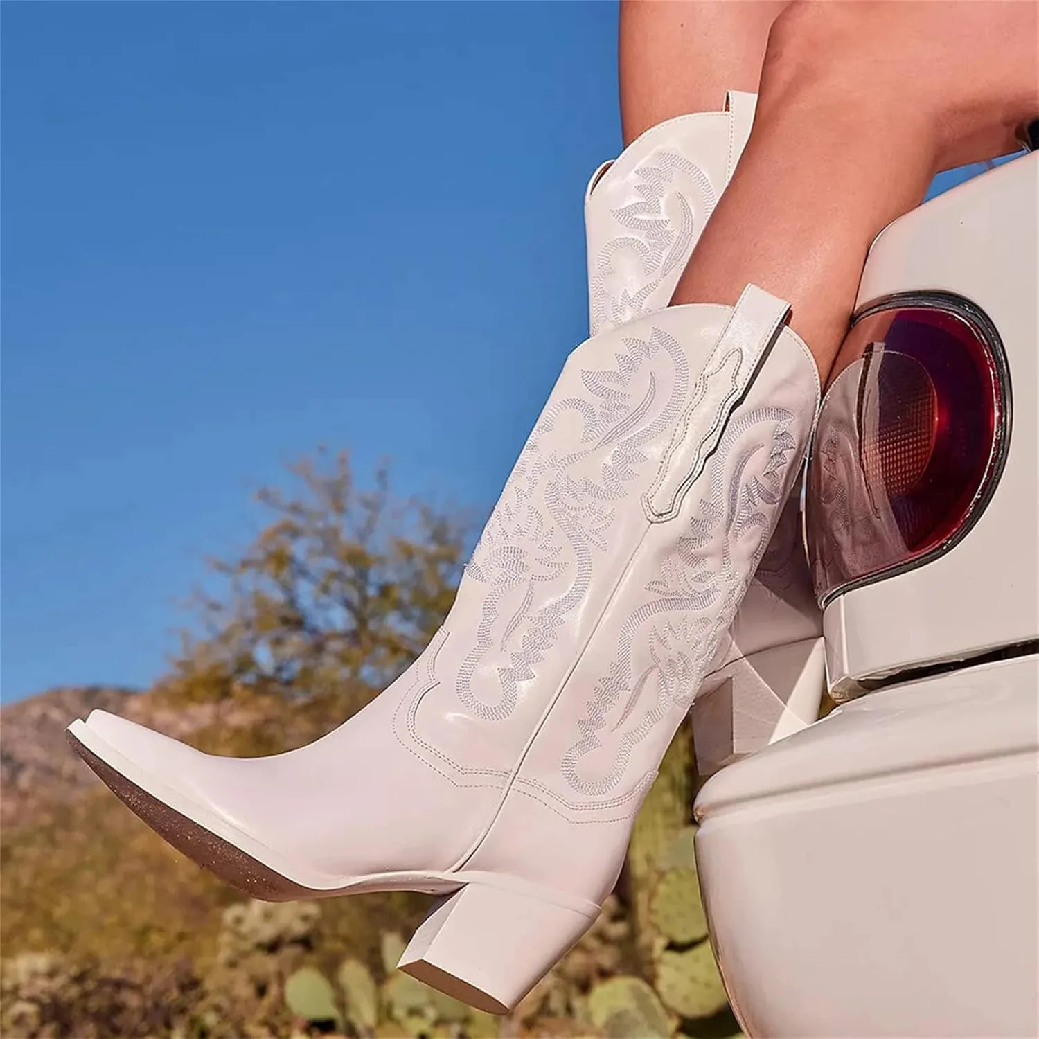 Lausiuoe Cowboy Boots For Women Knee High Wide Calf Western Cowgirl Boots Embroidered Pointed Toe Chunky Heel Retro Boot