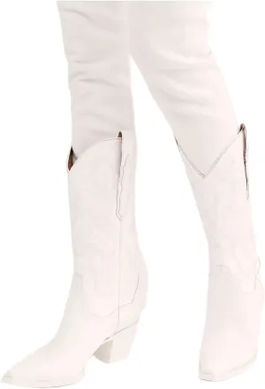 Lausiuoe Cowboy Boots For Women Knee High Wide Calf Western Cowgirl Boots Embroidered Pointed Toe Chunky Heel Retro Boot