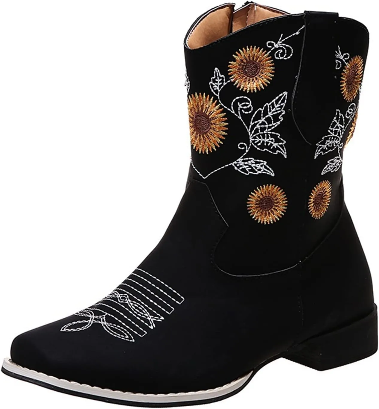 Lausiuoe Cowboy Boots For Women Leather Embroidered Sunflower Western Cowgirl Knee High Wide Calf Fashion Chunky Booties