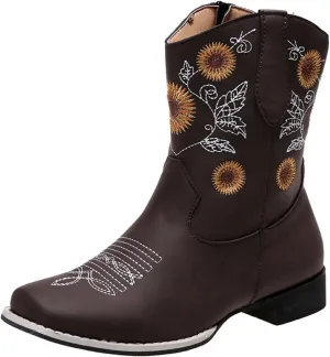 Lausiuoe Cowboy Boots For Women Leather Embroidered Sunflower Western Cowgirl Knee High Wide Calf Fashion Chunky Booties
