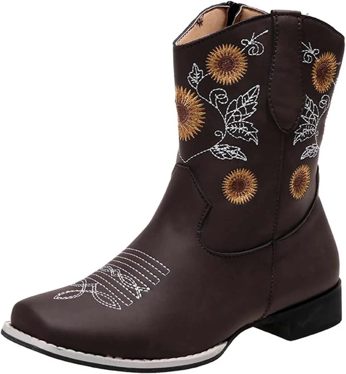 Lausiuoe Cowboy Boots For Women Leather Embroidered Sunflower Western Cowgirl Knee High Wide Calf Fashion Chunky Booties