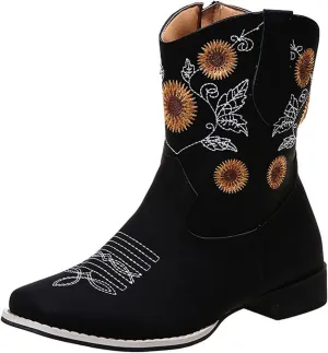 Lausiuoe Cowboy Boots For Women Leather Embroidered Sunflower Western Cowgirl Knee High Wide Calf Fashion Chunky Booties