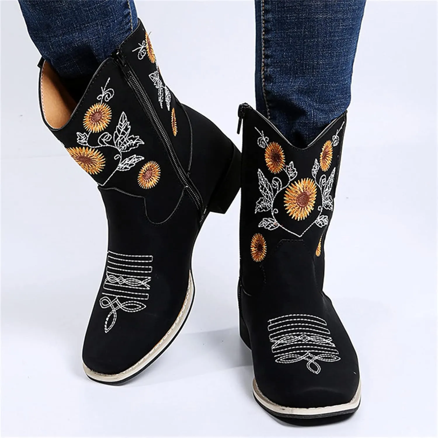 Lausiuoe Cowboy Boots For Women Leather Embroidered Sunflower Western Cowgirl Knee High Wide Calf Fashion Chunky Booties
