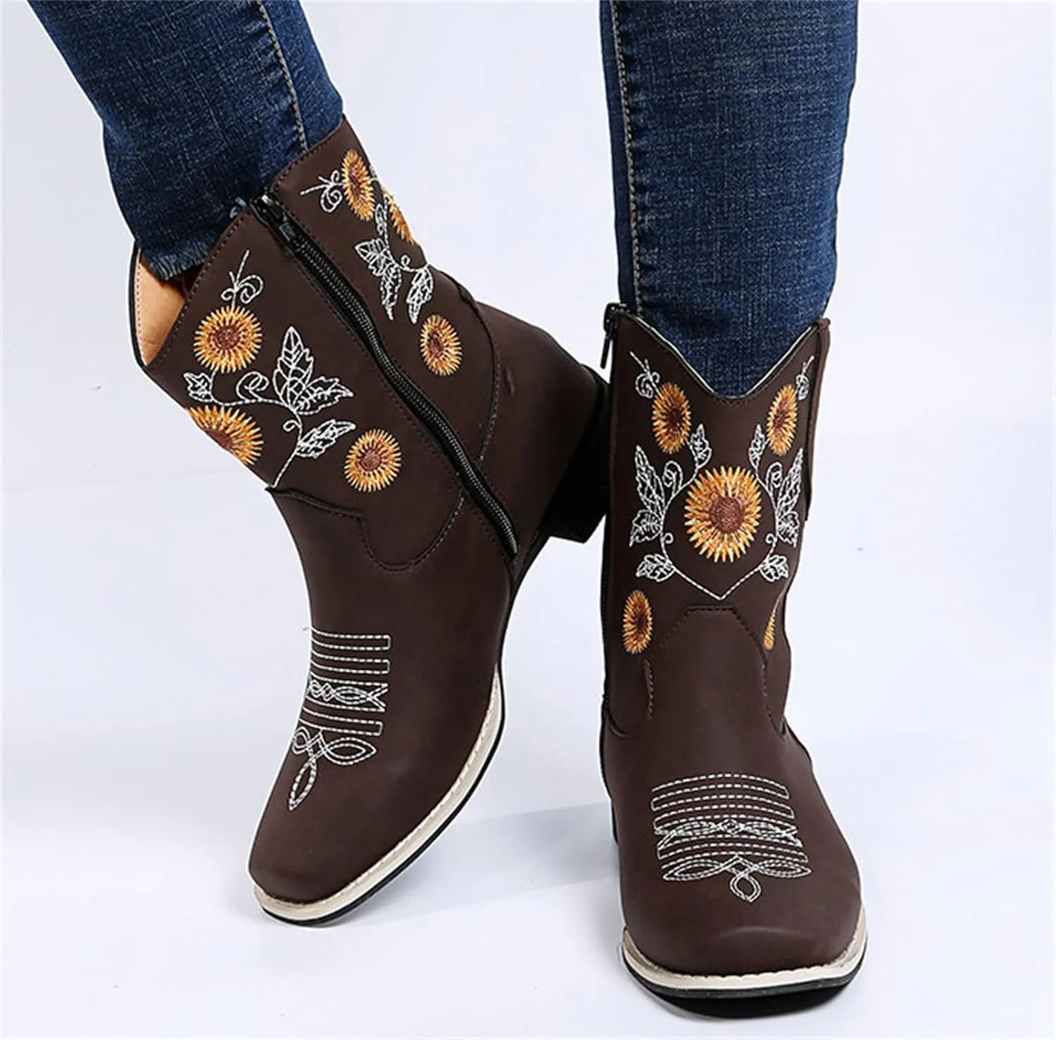 Lausiuoe Cowboy Boots For Women Leather Embroidered Sunflower Western Cowgirl Knee High Wide Calf Fashion Chunky Booties