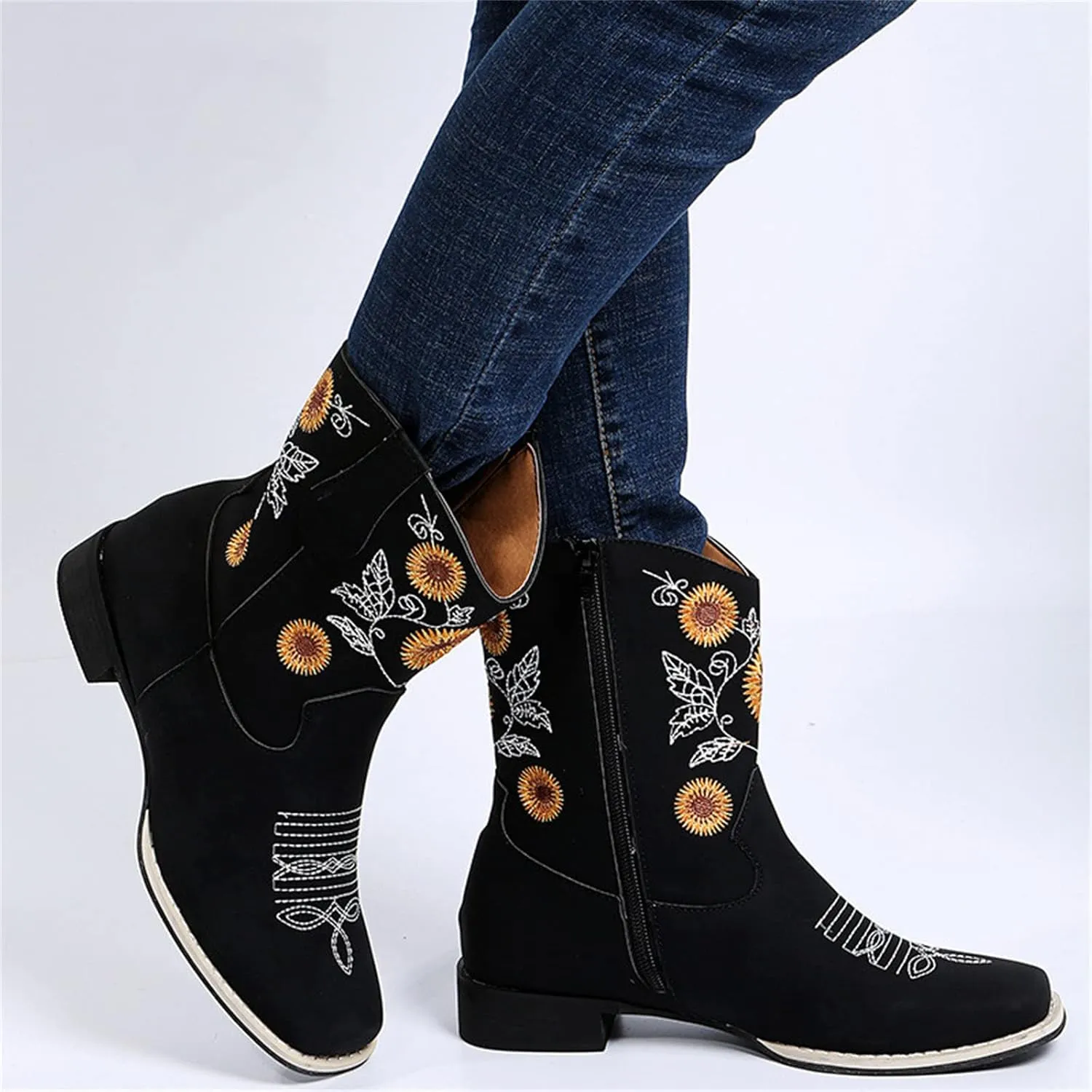 Lausiuoe Cowboy Boots For Women Leather Embroidered Sunflower Western Cowgirl Knee High Wide Calf Fashion Chunky Booties