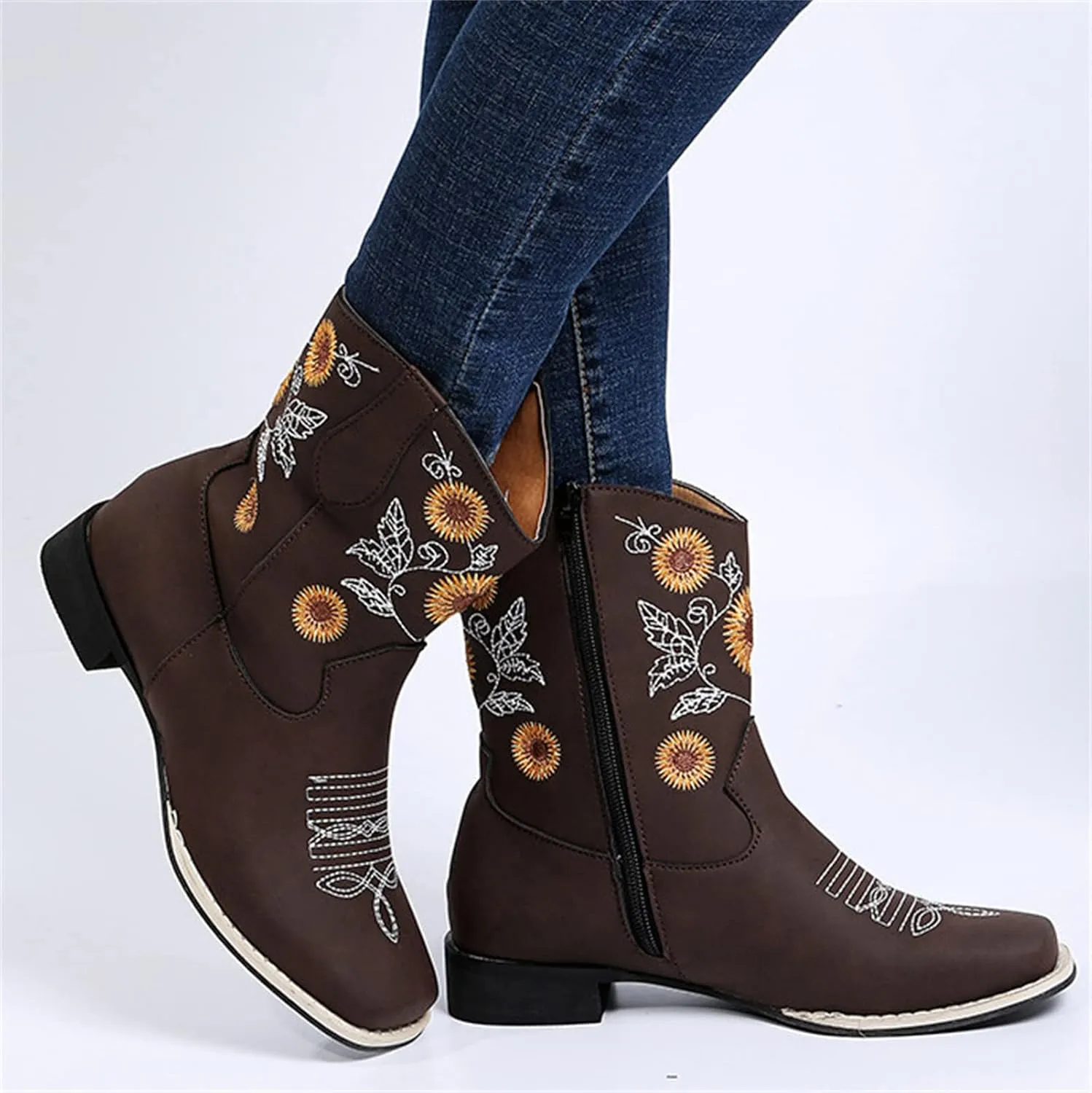 Lausiuoe Cowboy Boots For Women Leather Embroidered Sunflower Western Cowgirl Knee High Wide Calf Fashion Chunky Booties