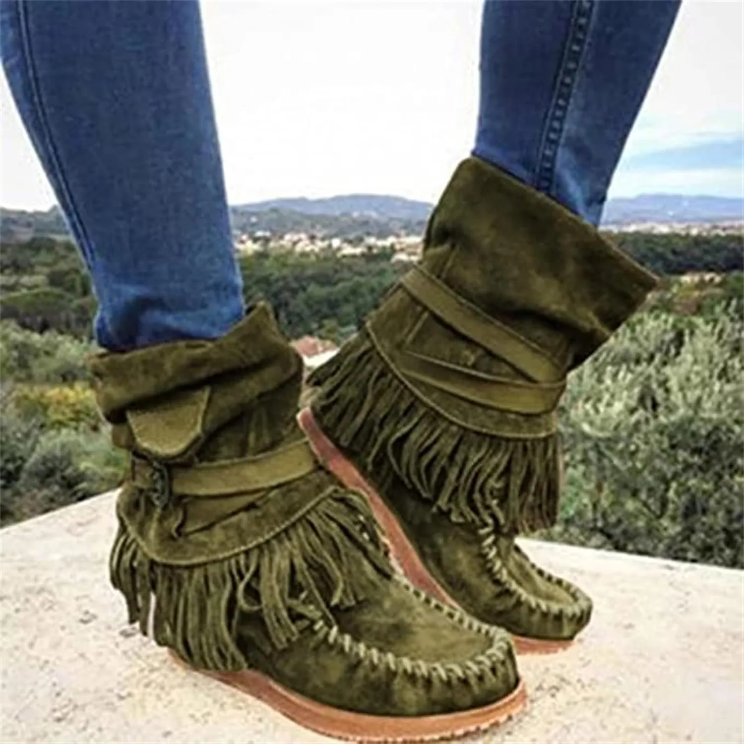 Lausiuoe Cowboy Boots For Women Short Fringe Western Cowgirl Boots Dressy Wide Calf Wide Width Ankle Boots Booties Shoes