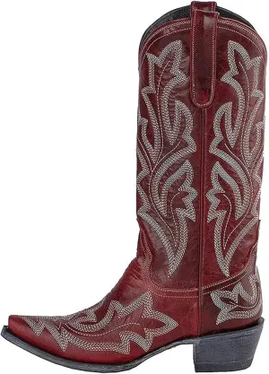 Lausiuoe Cowboy Boots For Women Wide Calf Knee High Cowgirl Western Boots Embroidery Low Heel Chunky Heel Boot Pull-On