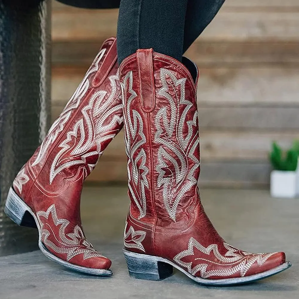 Lausiuoe Cowboy Boots For Women Wide Calf Knee High Cowgirl Western Boots Embroidery Low Heel Chunky Heel Boot Pull-On