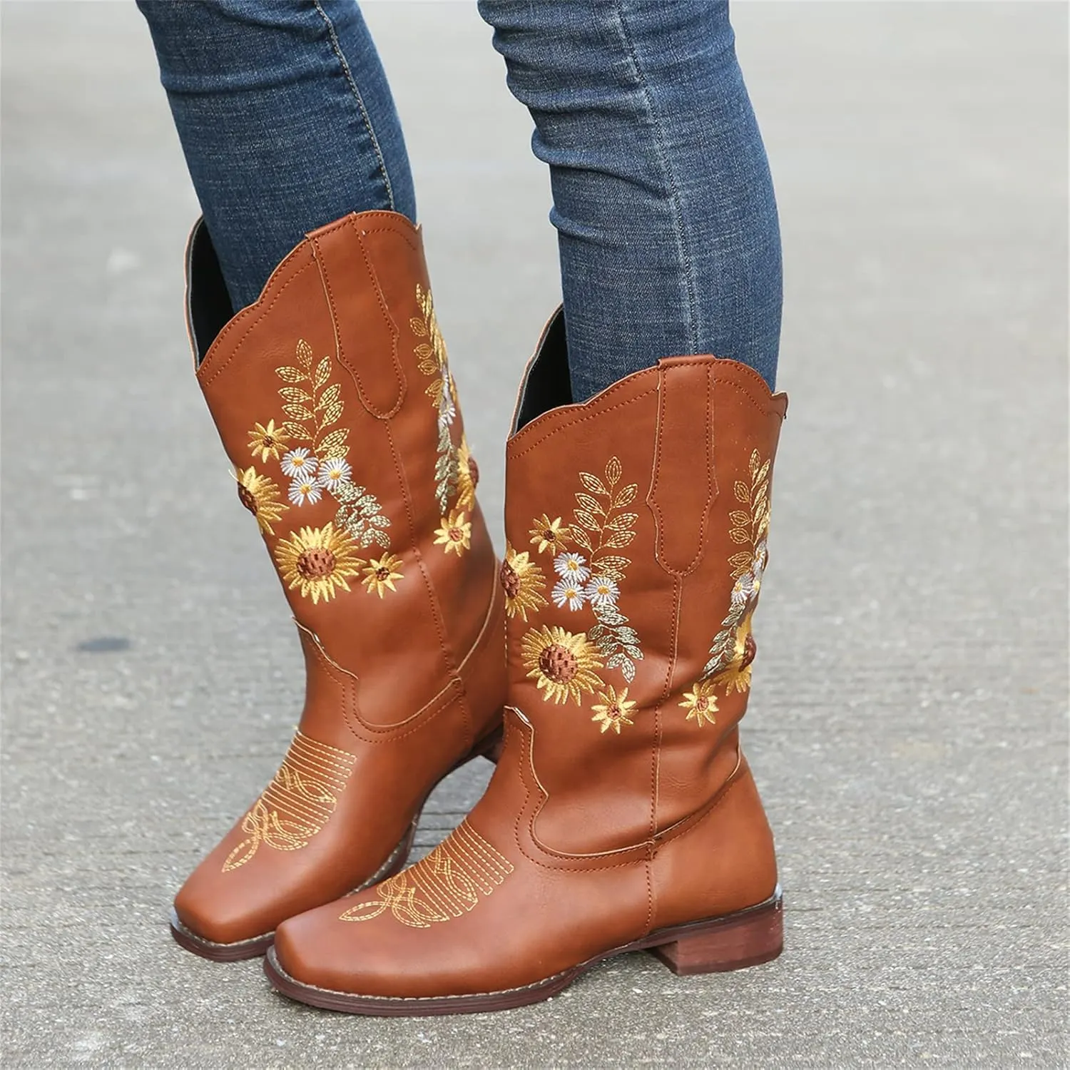 Lausiuoe Cowboy Boots For Women Wide Calf Leather Embroidered Western Knee High Cowgirl Style Fashion Chunky Booties