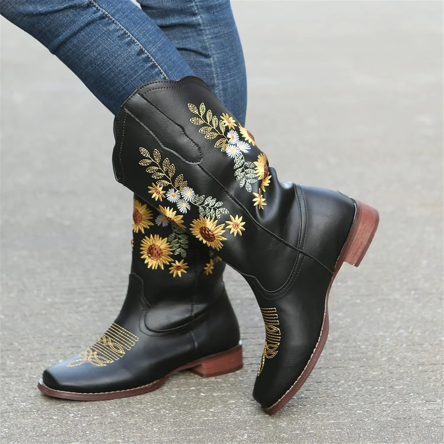 Lausiuoe Cowboy Boots For Women Wide Calf Leather Embroidered Western Knee High Cowgirl Style Fashion Chunky Booties