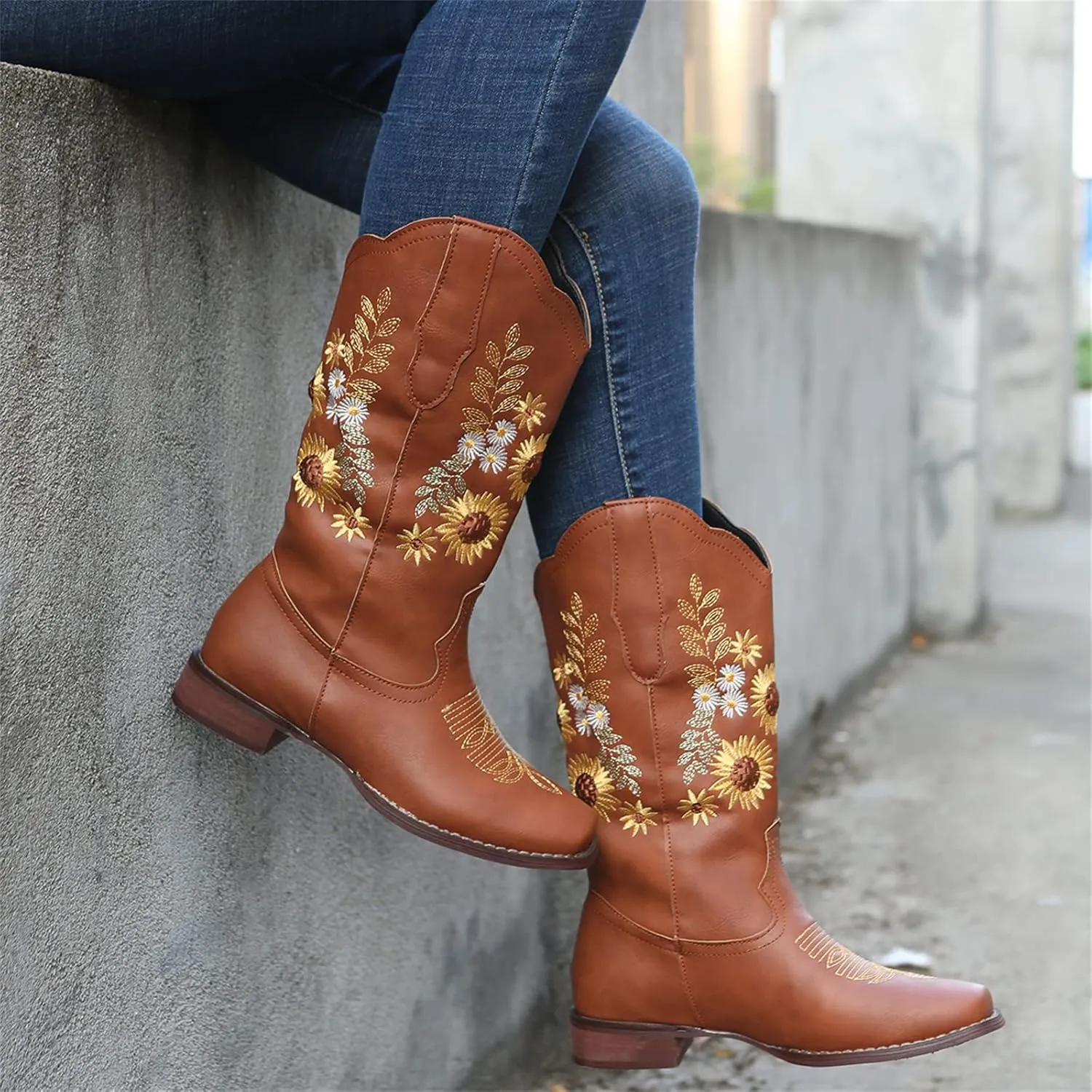 Lausiuoe Cowboy Boots For Women Wide Calf Leather Embroidered Western Knee High Cowgirl Style Fashion Chunky Booties