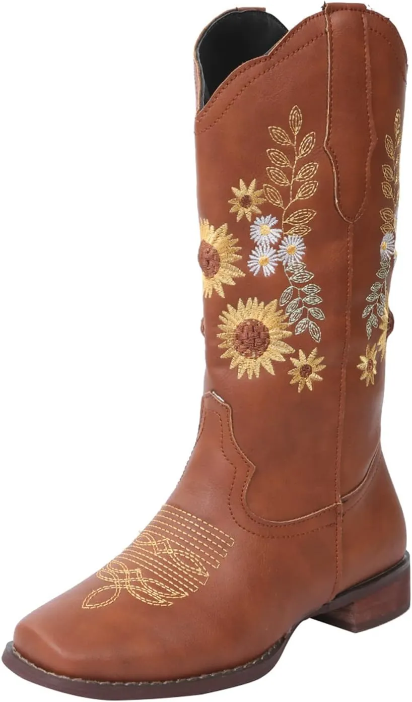 Lausiuoe Cowboy Boots For Women Wide Calf Leather Embroidered Western Knee High Cowgirl Style Fashion Chunky Booties
