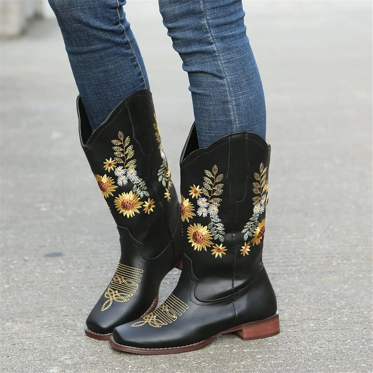 Lausiuoe Cowboy Boots For Women Wide Calf Leather Embroidered Western Knee High Cowgirl Style Fashion Chunky Booties
