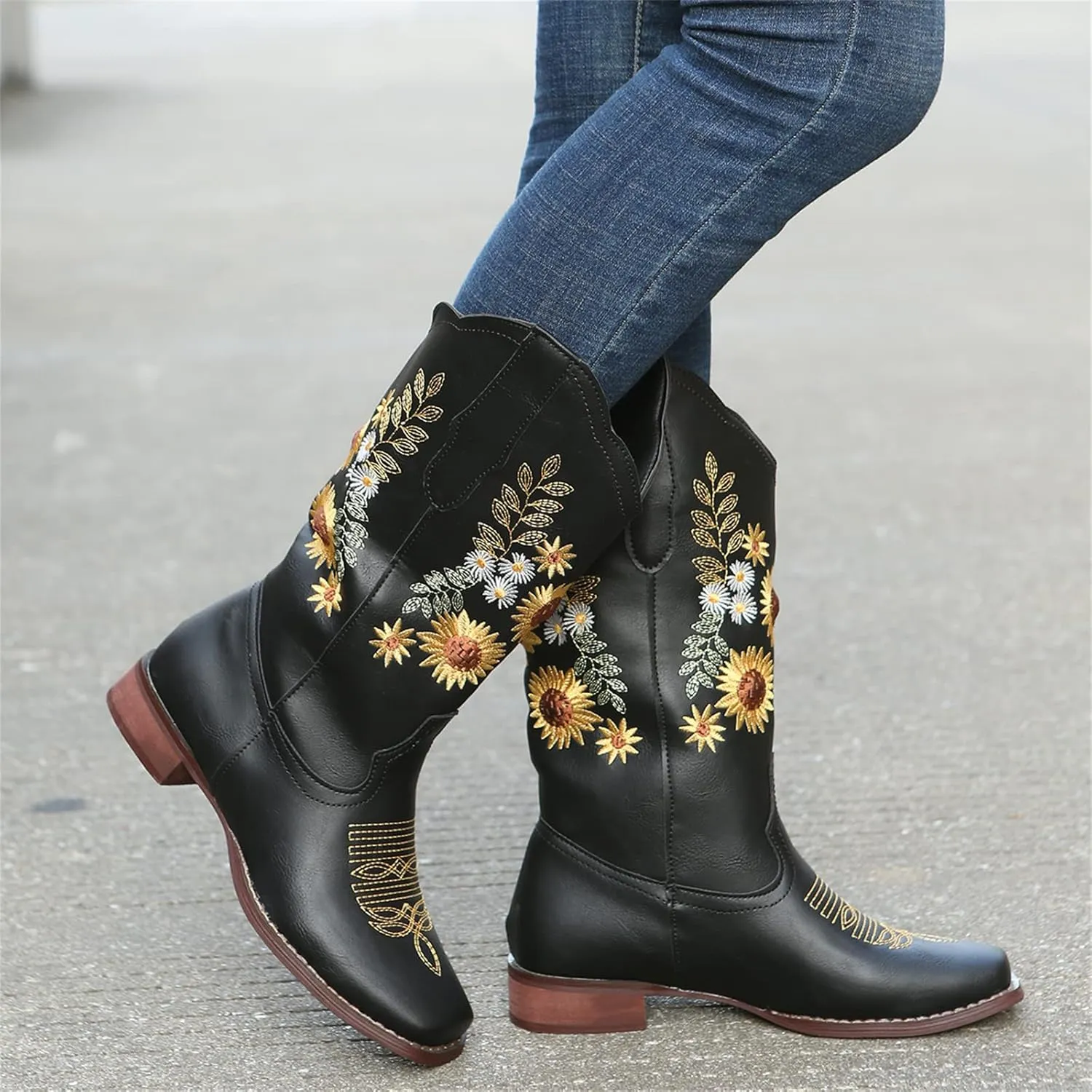 Lausiuoe Cowboy Boots For Women Wide Calf Leather Embroidered Western Knee High Cowgirl Style Fashion Chunky Booties
