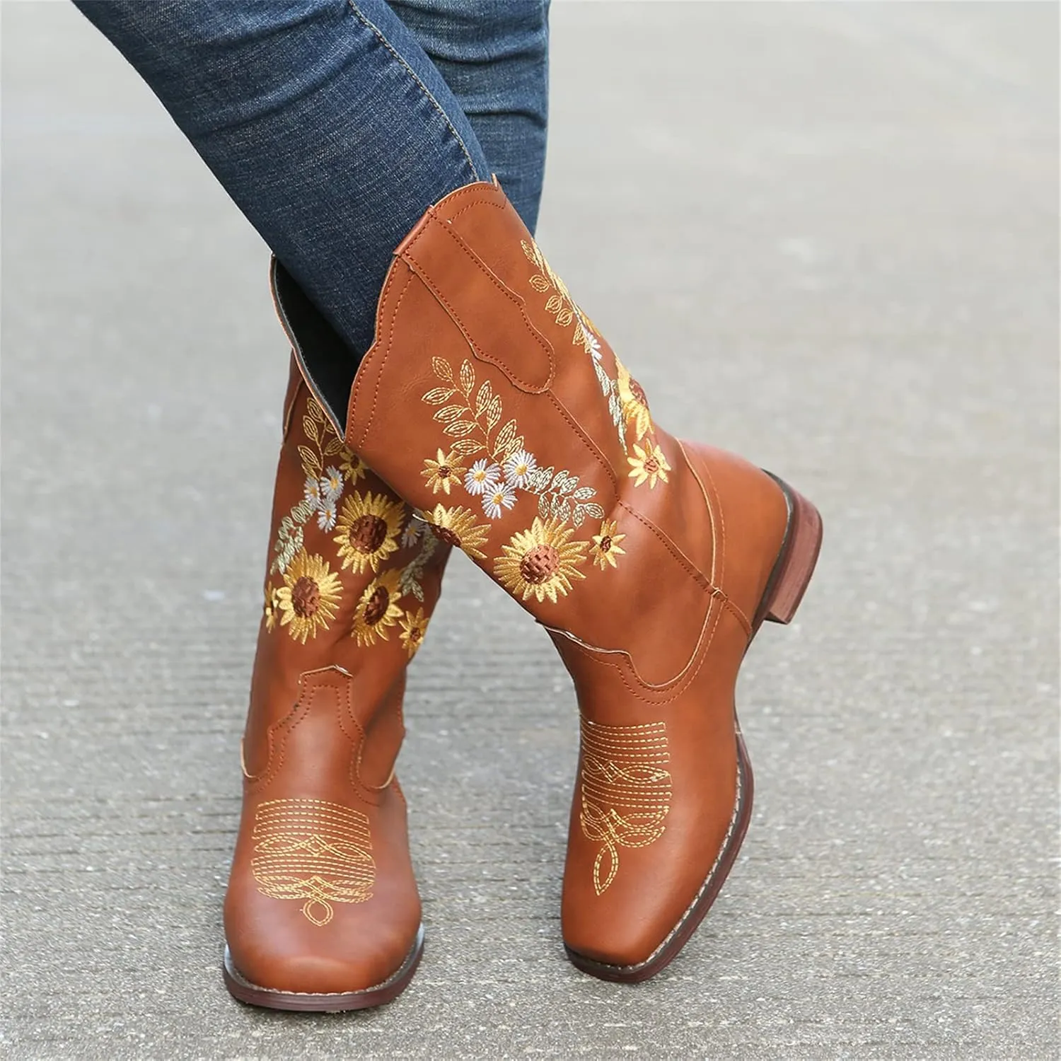 Lausiuoe Cowboy Boots For Women Wide Calf Leather Embroidered Western Knee High Cowgirl Style Fashion Chunky Booties