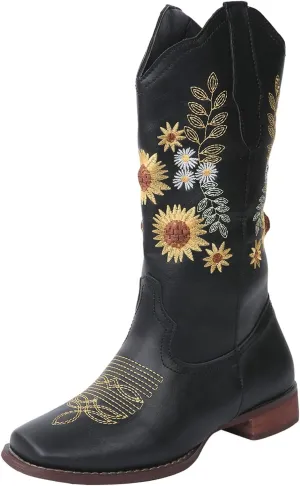 Lausiuoe Cowboy Boots For Women Wide Calf Leather Embroidered Western Knee High Cowgirl Style Fashion Chunky Booties