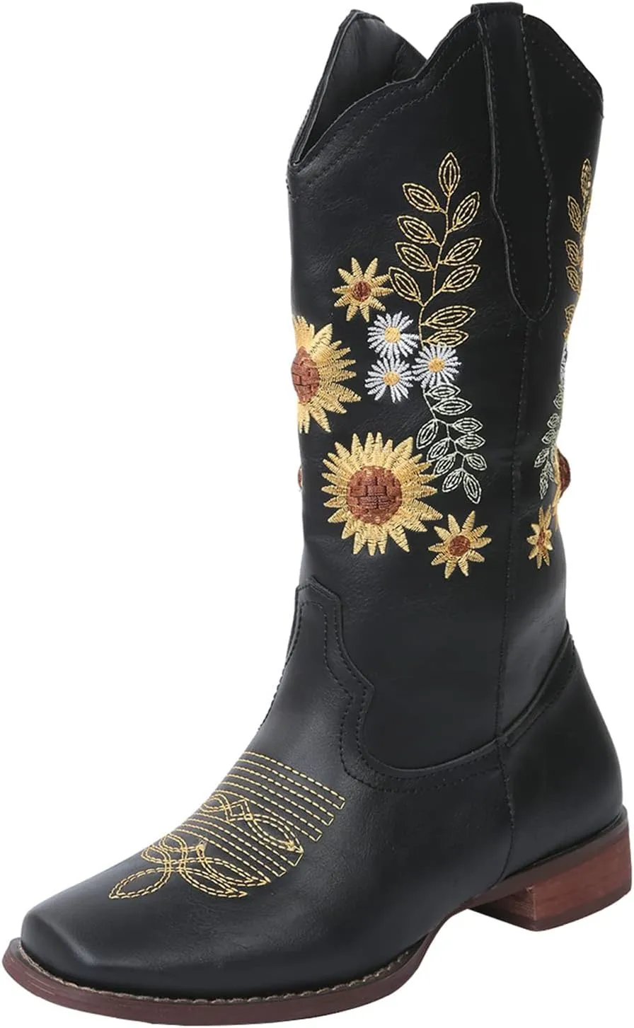 Lausiuoe Cowboy Boots For Women Wide Calf Leather Embroidered Western Knee High Cowgirl Style Fashion Chunky Booties
