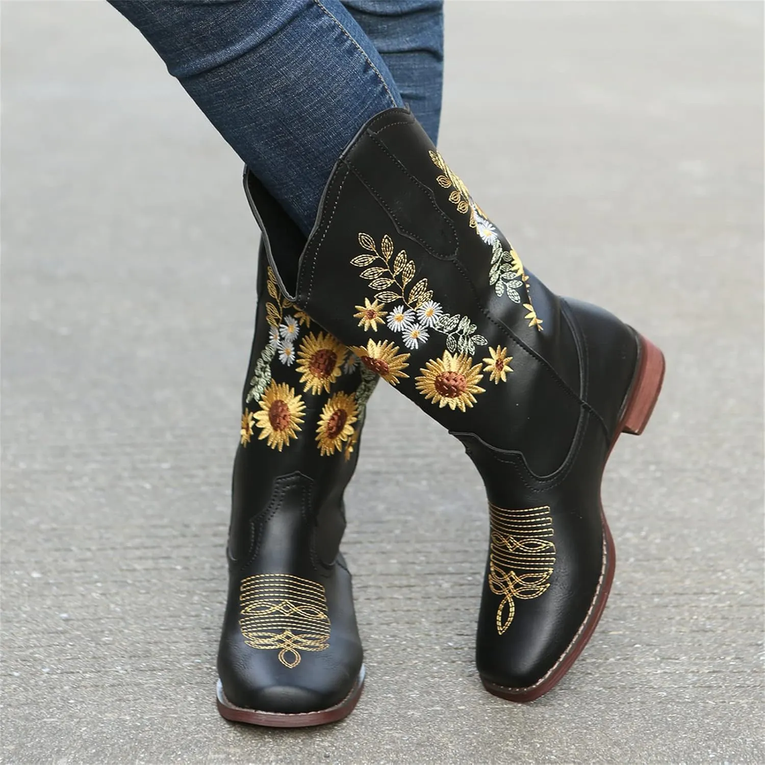 Lausiuoe Cowboy Boots For Women Wide Calf Leather Embroidered Western Knee High Cowgirl Style Fashion Chunky Booties