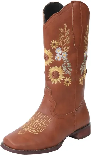 Lausiuoe Cowboy Boots For Women Wide Calf Leather Embroidered Western Knee High Cowgirl Style Fashion Chunky Booties
