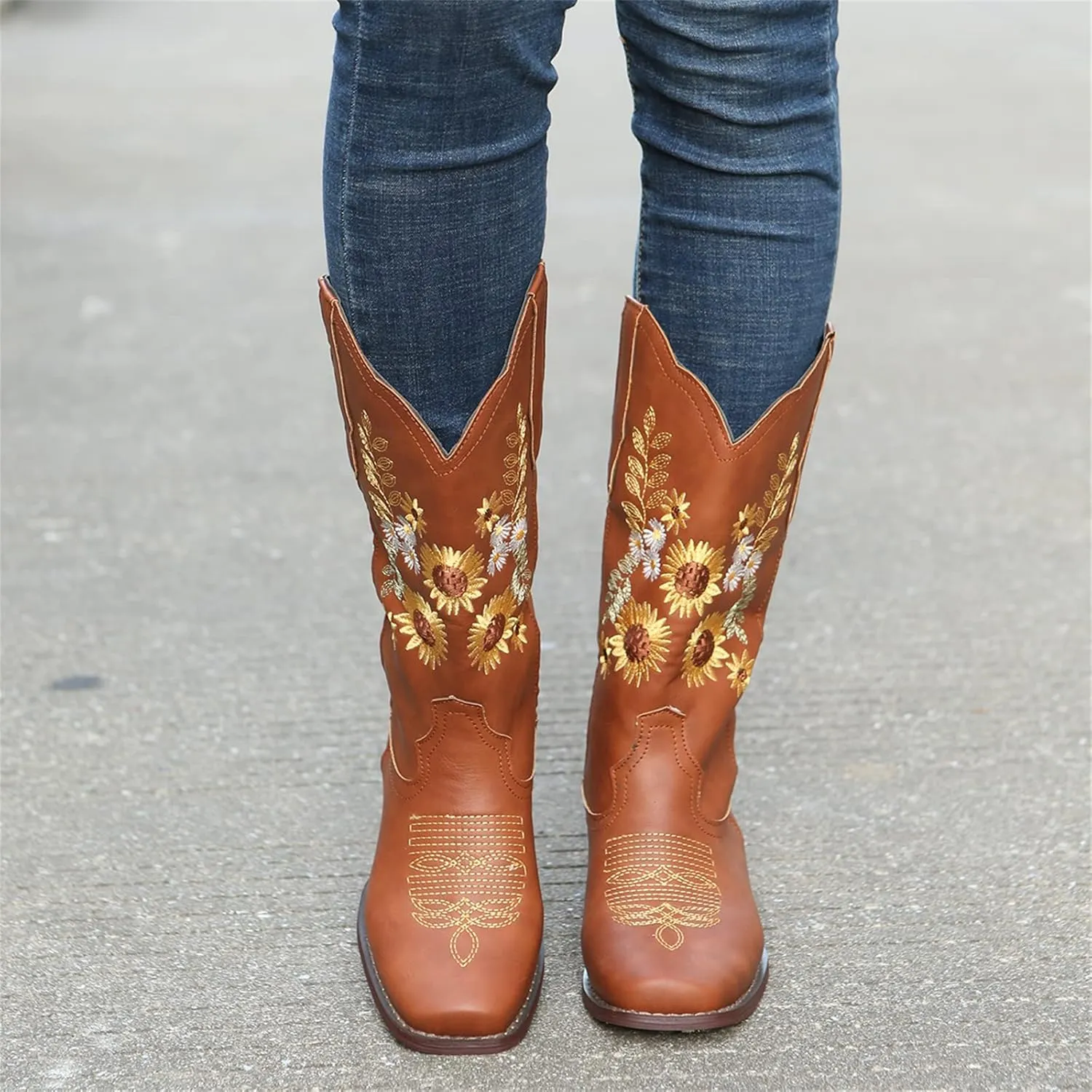 Lausiuoe Cowboy Boots For Women Wide Calf Leather Embroidered Western Knee High Cowgirl Style Fashion Chunky Booties