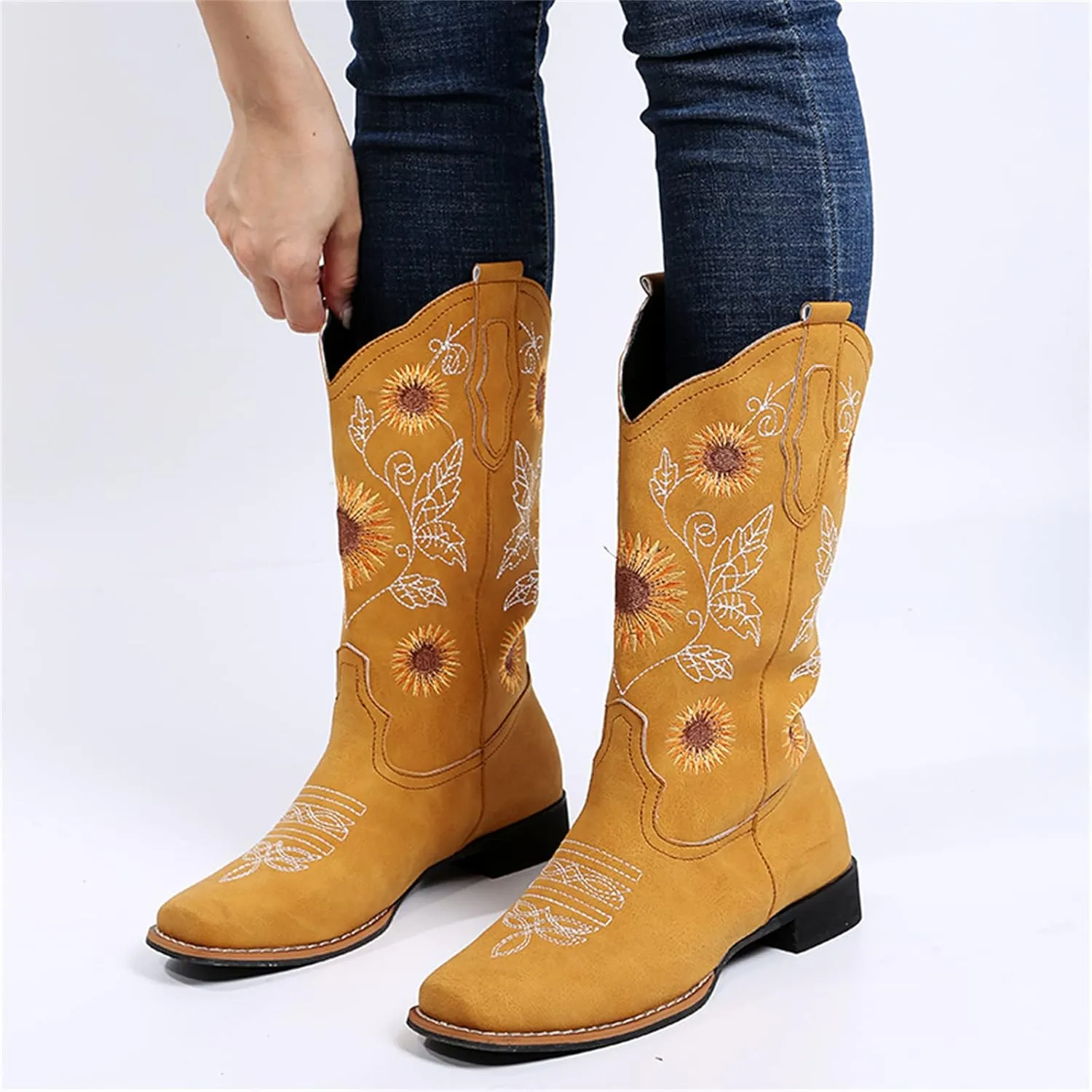 Lausiuoe Cowboy Boots For Women Wide Calf Leather Western Cowgirl Boots Knee High Embroidered Fashion Chunky Booties