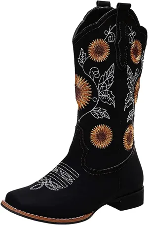 Lausiuoe Cowboy Boots For Women Wide Calf Leather Western Cowgirl Boots Knee High Embroidered Fashion Chunky Booties