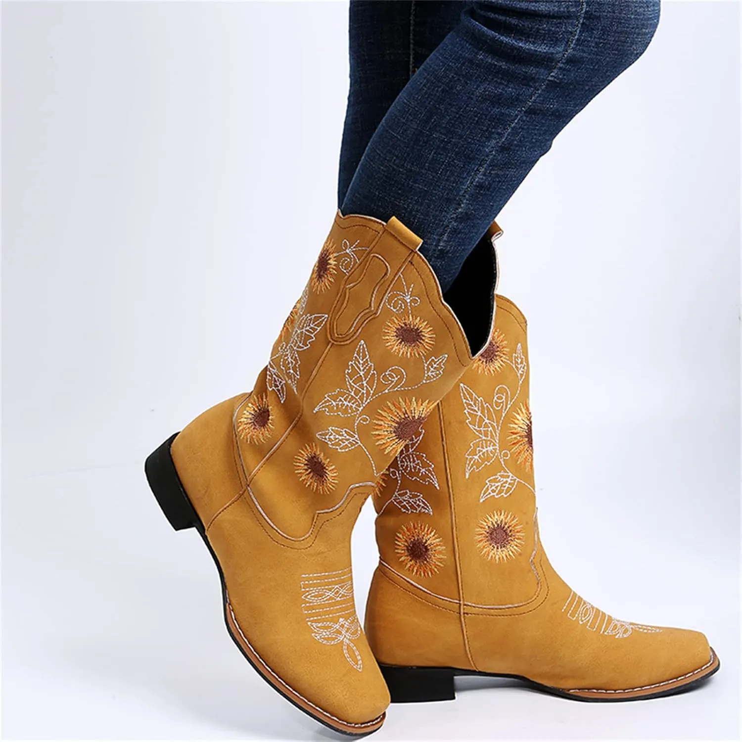 Lausiuoe Cowboy Boots For Women Wide Calf Leather Western Cowgirl Boots Knee High Embroidered Fashion Chunky Booties