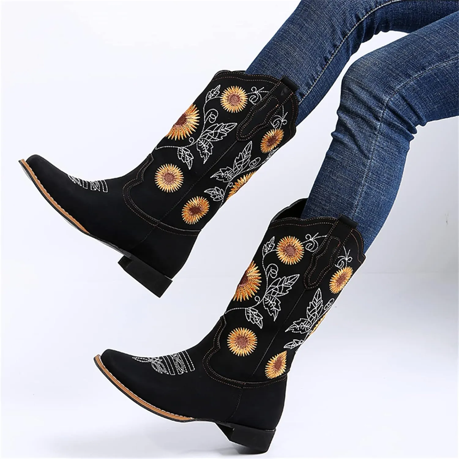 Lausiuoe Cowboy Boots For Women Wide Calf Leather Western Cowgirl Boots Knee High Embroidered Fashion Chunky Booties