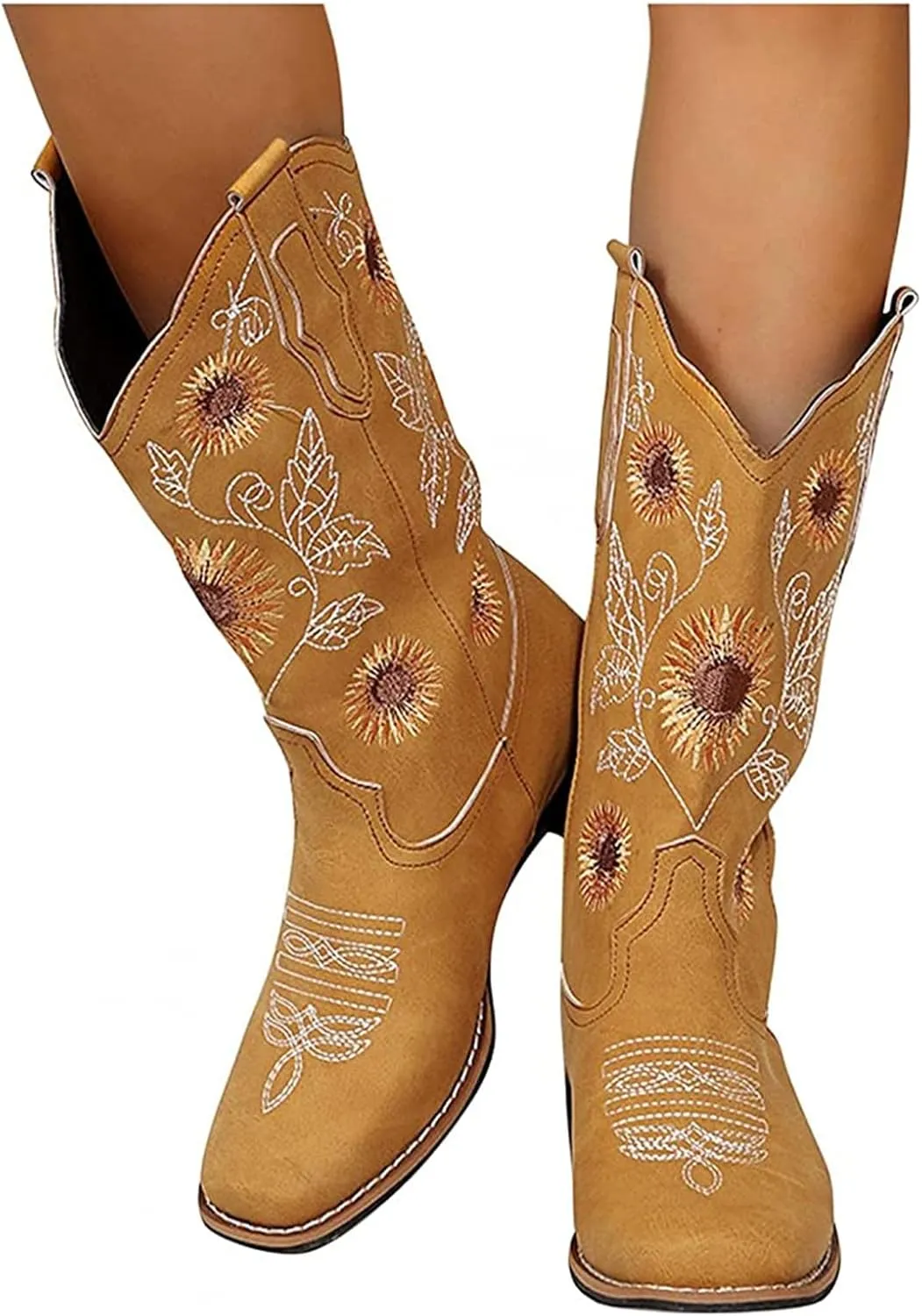 Lausiuoe Cowboy Boots For Women Wide Calf Leather Western Cowgirl Boots Knee High Embroidered Fashion Chunky Booties